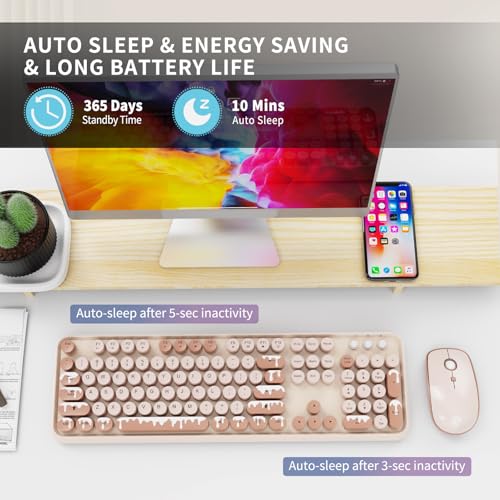 Wireless Keyboard and Mouse Combo, 2.4GHz Colorful Cute Round Keycaps Keyboard for Office Computer PC Desktops Laptop (104 Keys Ice Cream) - color: 104 Keys Ice Cream