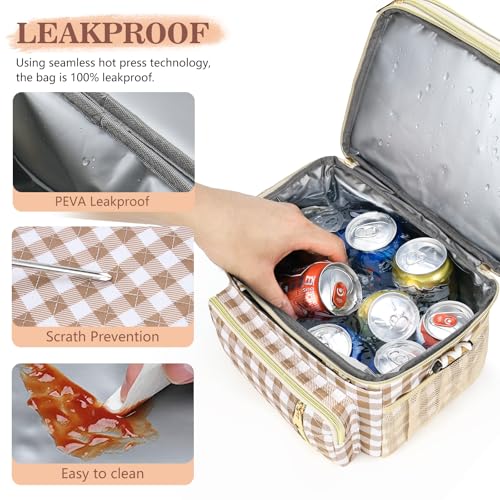 LOKASS Lunch Box for Women-16L-Insulated Lunch Bag Women, Expandable Double-layer Leakproof Cooler Bag with Upgrade Adjustable Shoulder Strap Ideal for Work/Travel/Picnics（Brown&White Check） - color: Brown&White Check
