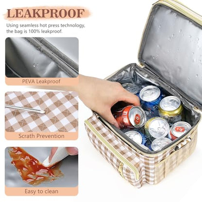 LOKASS Lunch Box for Women-16L-Insulated Lunch Bag Women, Expandable Double-layer Leakproof Cooler Bag with Upgrade Adjustable Shoulder Strap Ideal for Work/Travel/Picnics（Brown&White Check） - color: Brown&White Check