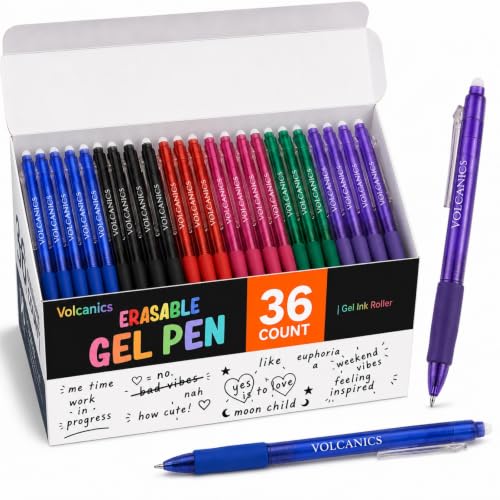 Volcanics Erasable Gel Pens 36 Pack, 6 Vibrant Colors, 0.7mm Fine Point Clicker Retractable Gel Ink Pens, Smooth & Refillable, Back to School Essentials for Home & Office Use - color: Multicolor