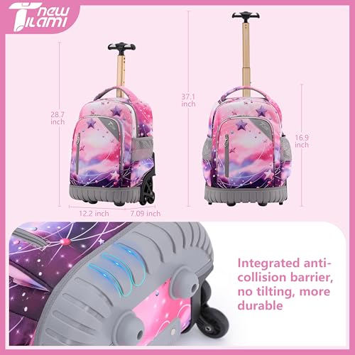 NEW TILAMI 16 Inch Rolling Backpack with Lunch Bag for Kids Adjustable Handle Carry-on Suitcase Wheels for Girls Boys School Travel Camping, Pink - Purple Galaxy - color: Pink - Purple Galaxy