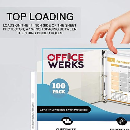 Performore 100-Pack Landscape Sheet Protectors | 11×8.5" Clear Top-Loading Sleeves | 3-Hole Punched, Acid-Free, Archival Safe Plastic for Binders, Scrapbooks, Photos & Documents - size: 100 Pack