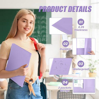 Gueevin 24 Pcs Plastic Folders with Pockets, Back to School Two Pocket Folder Fit Letter Size, Heavy Duty School Business Card Holder for Home Office, 11. 61 x 9. 45 Inches (Light Purple) - color: Light Purple