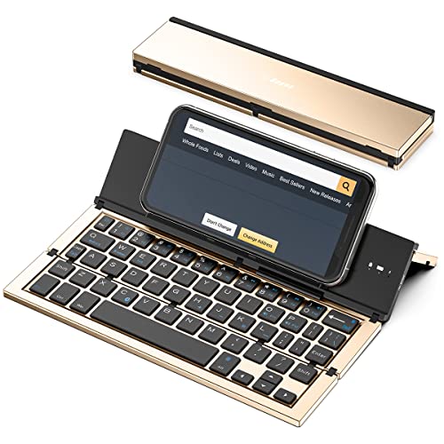 Geyes Folding Bluetooth Keyboard, Wireless Foldable Keyboard with Portable Pocket Size, Aluminum Alloy Housing, Carrying Pouch, for iPad, iPhone, and More Tablets, and Smartphones(Gold) - color: Gold