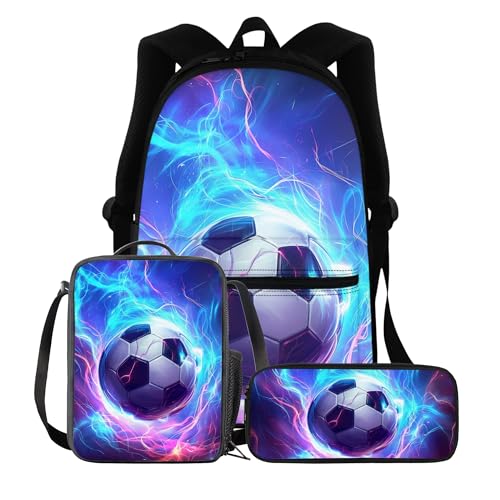 BIGCARJOB Kids Soccer Backpack Set with Lunch Box And Pencil Case for School Boys Teens 8-15 Years,3 Pack Art Football School Bags Set Toddle Preschool Large Bookbags Set Insulated Lunch Bags - color: Art Colorful Football, size: One Size