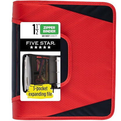 Five Star Zipper Binder, 1-1/2 Inch 3-Ring Binder with Round Rings, 3-Pocket Expanding File, 500 Sheet Capacity, Fire Red (72206) - color: Red
