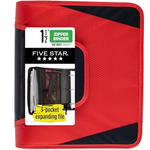 Five Star Zipper Binder, 1-1/2 Inch 3-Ring Binder with Round Rings, 3-Pocket Expanding File, 500 Sheet Capacity, Fire Red (72206) - color: Red