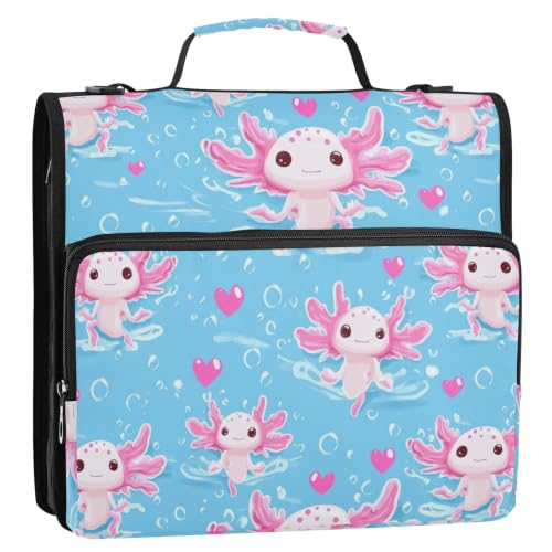 3 Ring Zipper Binder Axolotls Blue Hearts Large Capacity 500 Sheets Zip Up Binders Expanding File Folder Bag Multi Pockets School Office Binder Organizer - color: Axolotls