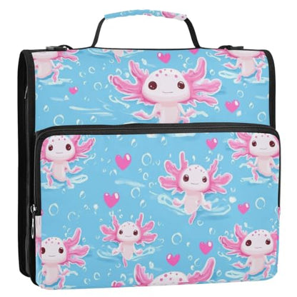 3 Ring Zipper Binder Axolotls Blue Hearts Large Capacity 500 Sheets Zip Up Binders Expanding File Folder Bag Multi Pockets School Office Binder Organizer - color: Axolotls
