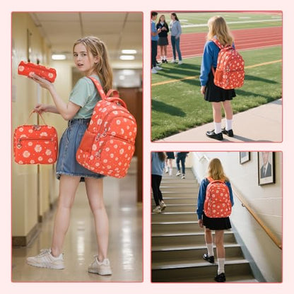 Glodwheat Daisy Printed Backpack For Girls- 3Pc Set With Lunch Box & Pencil Case, Lightweight Water-Resistant Bookbag For Elementary School - color: Orange