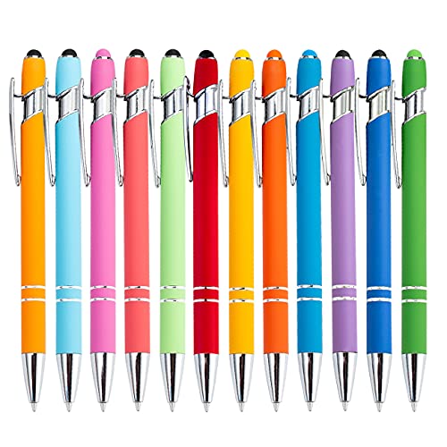 PASISIBICK 12 Pieces Rainbow Rubberized Soft Touch Ballpoint Pen with Stylus Tip, Stylish, Premium Metal Pen, Black Ink, Medium Point(Pack of 12) - color: 12 Pcs Stylus Pens