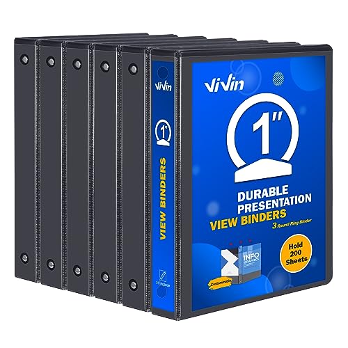 3 Ring Binder 1 Inch, ViVin Sturdy 1"-Round Ring Binder with 2 Interior Pockets, Clear View Cover, PVC-Free, Fits 200 Sheets of 8.5'' x 11'' Paper, Office Home School (6 Pack, Black) - color: Black, size: 1 Inch, style: 6 Pack