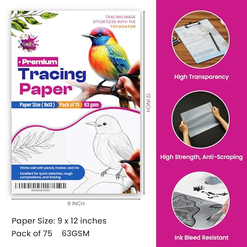 Tracing Paper 9x12 in, 75 Sheets, Transparent Sketch Paper 63gsm | Translucent, Sketching & Drafting, Overlays, Pencil Marker & Ink, Premium - size: 9" x 12" (75 Sheet)