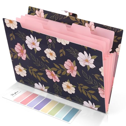SKYDUE Accordion File Organizer, Floral Expanding File Folders with 5 Pockets, Cute Document Organizer for Paper Bills Receipt Storage, School Office & Hospital Supplies Letter/A4 Size Navy Blue - color: Navyblue