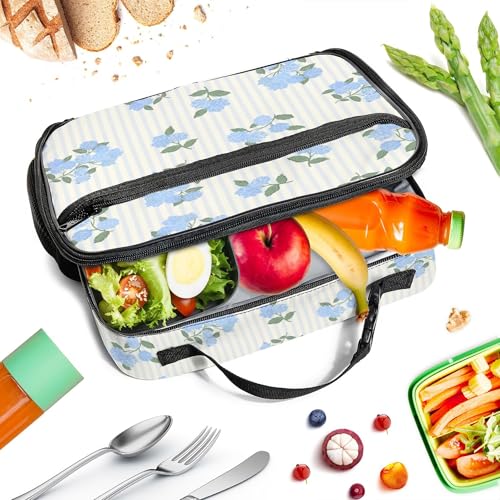 WOBAGMEN Large Lunch Box, Insulated Reusable Lunch Bag with Water Bottle Holder Portable Waterproof Leakproof Lunch Tote Bag Cute Lunch Box(Hydrangea Stripe) - color: Hydrangea Stripe