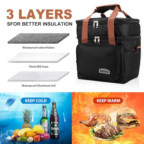Men's and Women's Lunch Box - Double layer Insulated Lunch Bag, Insulated Inner Lining, Portable Cooler for Work, Travel, or Picnicking, Black