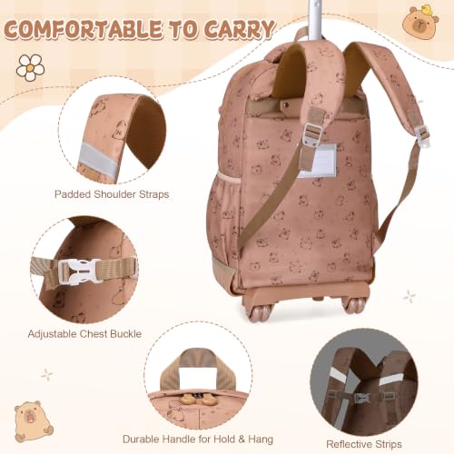 Capybara Theme Rolling Backpack with Lunch Bag & Pencil Case, Kids Rolling Backpack for Girls, Wheeled School Bookbag with Telescoping Handle for Kindergarten Elementary Middle High School - color: Brown