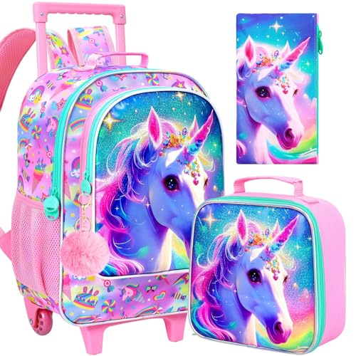 AGSDON 3PCS Rolling Backpack for Girls and Boys, Kids Roller Wheels Bookbag, Wheeled Elementary School Bag with Lunch Bag - color: Pink Unicorn