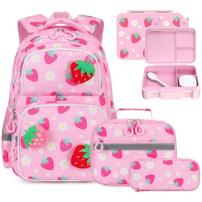 Kids Backpack for Girls 4-8, Cute 3D Plush Strawberry Toddler Backpack with 34oz Lunch Box, Insulated Bag, Pen Case & Utensils, School Bookbag for Preschool Kindergarten Elementary Student - color: Strawberry