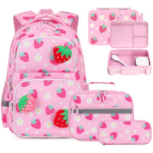 Kids Backpack for Girls 4-8, Cute 3D Plush Strawberry Toddler Backpack with 34oz Lunch Box, Insulated Bag, Pen Case & Utensils, School Bookbag for Preschool Kindergarten Elementary Student - color: Strawberry