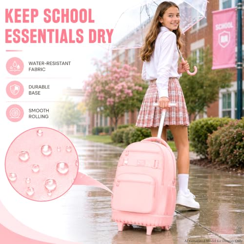 3Pcs Rolling Backpack for Girls Women, 19 Inche School Roller Backpacks with Wheels, Adults Wheeled Bookbag with Lunch Box(Pink) - color: Classic Pink