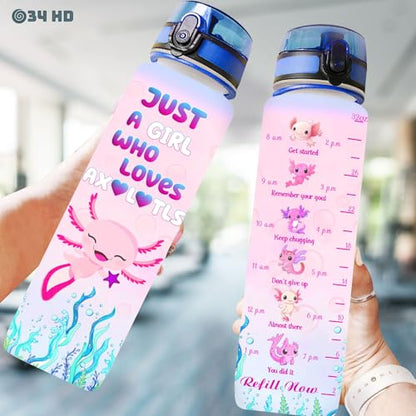 34HD Axolotl Gifts for Girls, 32 oz Water Bottle with Times to Drink, Motivational Tritan Frosted Water Bottle with Strap, Perfect Valentine Day or Birthday Present for Him Her - color: Axolotl Lovers