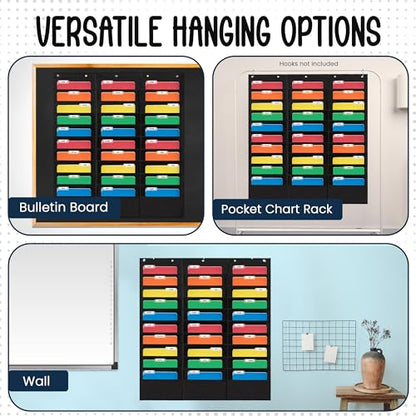Essex Wares - 30 Pocket File Pocket Chart, Black, 42" Wide x 47" Tall - Versatile Wall Hanging File Folder Organizer for Classroom, Office, Home, and More - Wall Folder Organizer - 30 Pockets - size: 30 Pocket