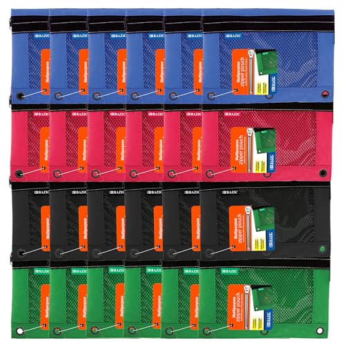 BAZIC Products 3-Ring Pencil Pouch with Clear Mesh Window, 24-Box | clear mesh window and a zipper closure for pens, pencils, supplies - size: 24 Count (Pack of 1)