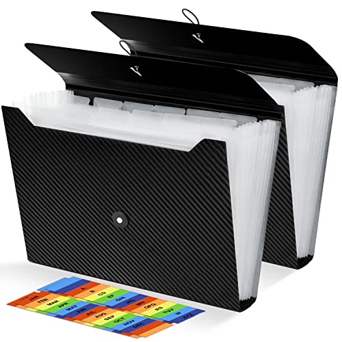 2Pcs Expanding File Folder, 13 Pockets Accordion File Holder Organizer, A4 Letter Size Paper Document Receipt Organizer Accordian Filing Folder for Classroom, Home, Office and Travel - color: 2pcs-black+transparent