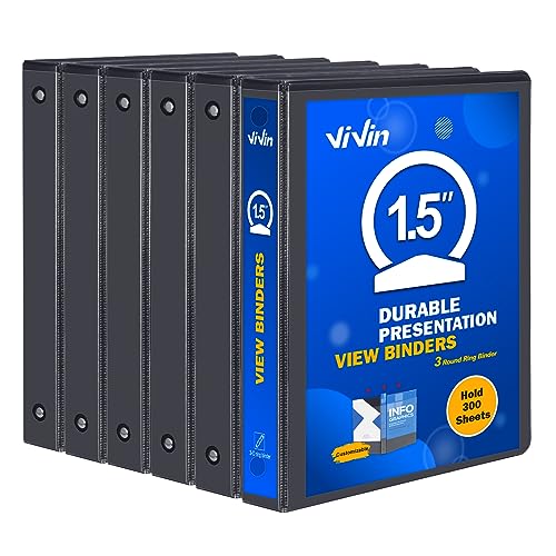 3 Ring Binder 1-1/2 Inch, ViVin Sturdy 1.5"-Round Ring Binder with 2 Interior Pockets, Clear View Cover, PVC-Free, Fits 300 Sheets of 8.5'' x 11'' Paper, Office Home School (6 Pack, Black) - color: Black, size: 1.5 Inch, style: 6 Pack