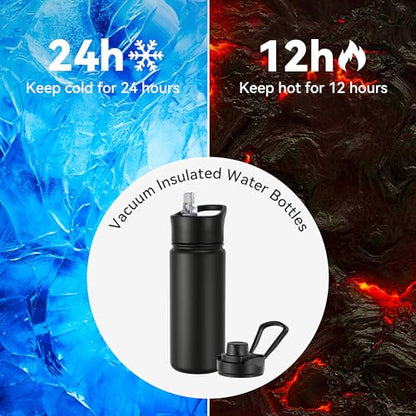 16 oz Insulated Water Bottle with Straw Lids, Stainless Steel Kids Water Bottles for School, Double Wall Vacuum Metal Water Bottle with Straw & Wide Mouth Lid, Black 1 Pack - color: Black, size: 16 Ounces