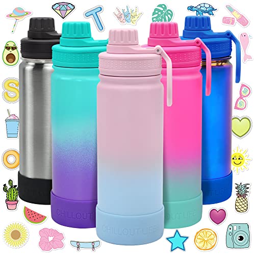 CHILLOUT LIFE 17oz Kids Insulated Stainless Steel Water Bottle with Leak Proof Spout Lid & 144 Stickers - color: Cotton Candy, style: 17 oz