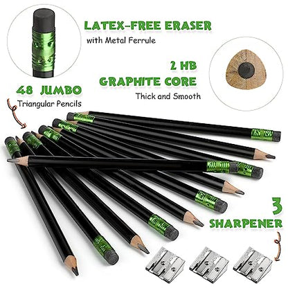 Fainne 48 Pcs Fat Pencils Jumbo Big Thick Large Pencils and 3 Pieces Sharpeners for Kids Beginners Preschoolers Kindergarten School Office Supplies(Black,Triangle) - color: Black, style: Triangle
