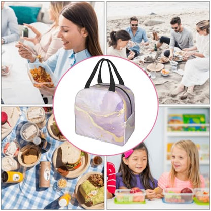 Nerxy Insulated Lunch Bag Woman 8x5x8.5inch Pink Purple Gold Marble Reusable Lunch Box Soft Cooler Tote Bag Men Kids Adults Waterproof Meal Container With Pocket for Work School Travel Office Picnic - color: Marble