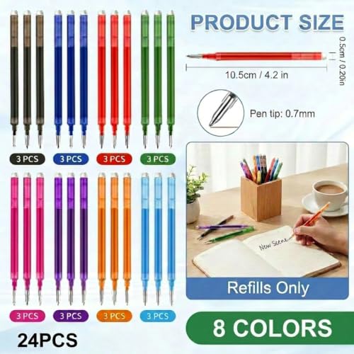 24 pcs 0.7 mm Erasable Gel Ink Pen Refills Compatible with FriXion Friction, Multicolor Replaceable Medium Fine Point Refills for Erasable Pens Smooth Writing Fast Dry for School Office, 8 Colors