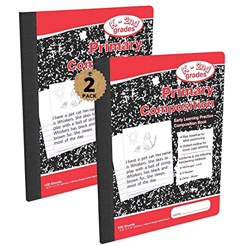 1InTheOffice Primary Composition Notebook K-2, Primary Journal, Kindergarten Notebook, 7.5" x 9.75", 100/Sheets, Red/Black Marble, 2 Pack