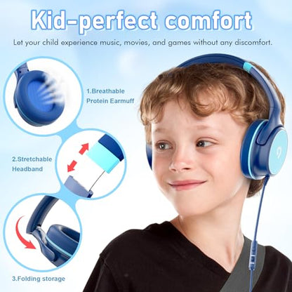 ADOOPE Kids Headphones with Safe 85dB/94dB Volume Limiter for Child/Teens, Foldable HD Stereo Sound Headset for Kindle Kids/fire Tablet/iPad/Laptop, Headphones with Microphone - color: Blue