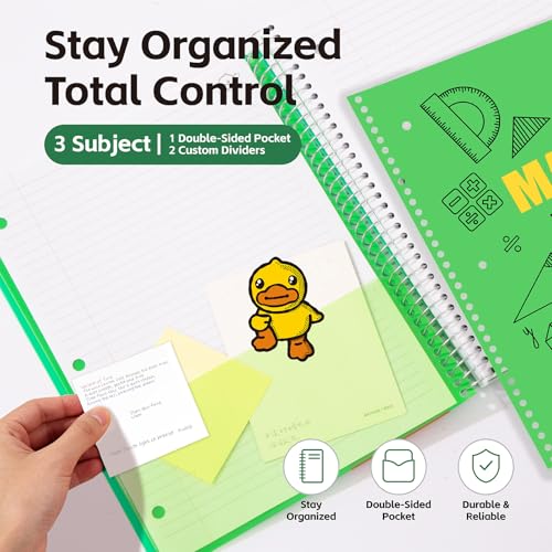 Comix 3 Subject Notebook with 3 Divider, 8.5" x 11" letter size, 150 Sheets College Ruled Notebook with Plastic Cover for Office/School/Home, Green - color: Green