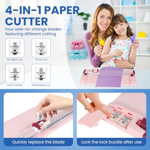 Paper Cutter Pink Rotary Paper Trimmer, 12 Inch Paper Cutter for Cardstock, Scrapbooking, Crafts, 4 Functions with 5 Blades, Safety Guard, Side Ruler for Coupons, Photos, Labels