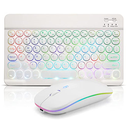 Ultra-Slim Lightweight Bluetooth Keyboard and Mouse Portable Mini Wireless Keyboard Rechargeable 7-Color Backlit for Apple iPad iPhone,Tablet iPhone Smartphone iOS Android Windows,Round Keys White - color: white