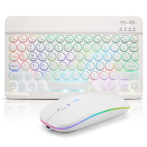 Ultra-Slim Lightweight Bluetooth Keyboard and Mouse Portable Mini Wireless Keyboard Rechargeable 7-Color Backlit for Apple iPad iPhone,Tablet iPhone Smartphone iOS Android Windows,Round Keys White - color: white