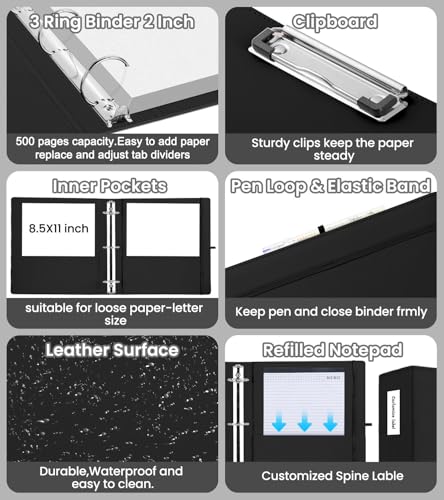 3 Ring Binder with Clipboard,2 Inch Binders with Notepad&5 Dividers with Pockets, Labels,PU Clipboards for School Office(Black,Letter Size) - color: Black, size: Letter Size -2 Inch