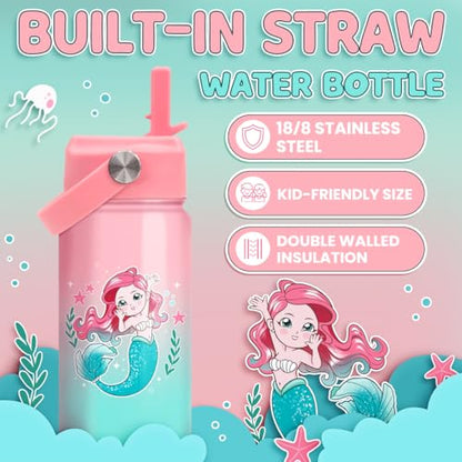 SANDJEST Mermaid Water Bottle for Girls - Kids Water Bottle with Straw Lid - 12 Oz Insulated Stainless Steel Water Bottles - Travel Cup for School Sports - color: Mermaid 2