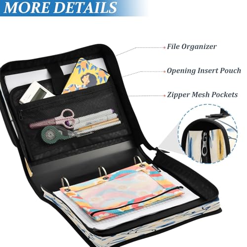 Subtle Floral Zipper Binder 3 Ring with Shoulder Strap and Handle Multiple Pockets Expanding File Folder Organizer
