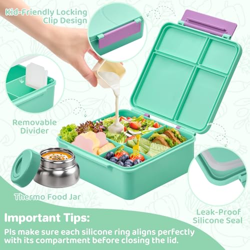 JSLOVE Bento Lunch Box with Leak Proof Thermos Food Jar for Kids, Food Lunch Containers for Girls with 4 Compartments, BPA-Free with Utensils, Food Picks, Sauce Jar & Silicone Lunch Box Dividers - color: Green