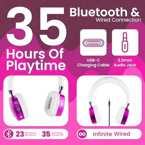 Puro Sound Labs Noise Cancelling Headphones for Kids - 85 dB Volume Limit, Built in Mic, 35-Hour Battery, Lightweight On Ear Design & Comfy Fit, Bluetooth Headphones for Kids – PuroQuiet Plus, Pink - color: Pink