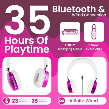 Puro Sound Labs Noise Cancelling Headphones for Kids - 85 dB Volume Limit, Built in Mic, 35-Hour Battery, Lightweight On Ear Design & Comfy Fit, Bluetooth Headphones for Kids – PuroQuiet Plus, Pink - color: Pink