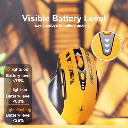 Uineer Bluetooth Mouse - Multi-Device Wireless, Rechargeable Ergonomic Mouse with Visible Battery Level, Tri-Mode (BT 5.0/4.0+2.4G Hz), 4 Adjustable DPI, Coldless for Laptop and PC (Yellow Black) - color: Yellow Black