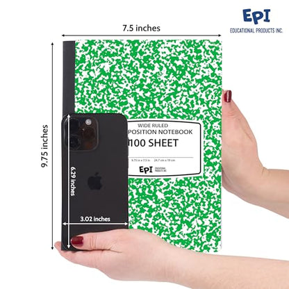 12 Pack - EPI Wide Ruled Marble Composition Notebook - Green 200 Page Note Book - 9.75 x 7.5 Inch Hardcover Journal with Sewn Binding for Secure Pages - Classroom Back to School Supplies - color: Green, size: 12
