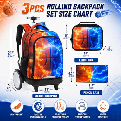 AGSDON Quiet Rolling Backpack with Lunch Box Set – Large‑Wheel Water‑Resistant Wheeled Bag for School, Outings, and Travel | Fire-Lightning Basketball 3‑Piece Organizer Backpack - color: Big Wheel Roller Bookbag Fire-lightning Basketball